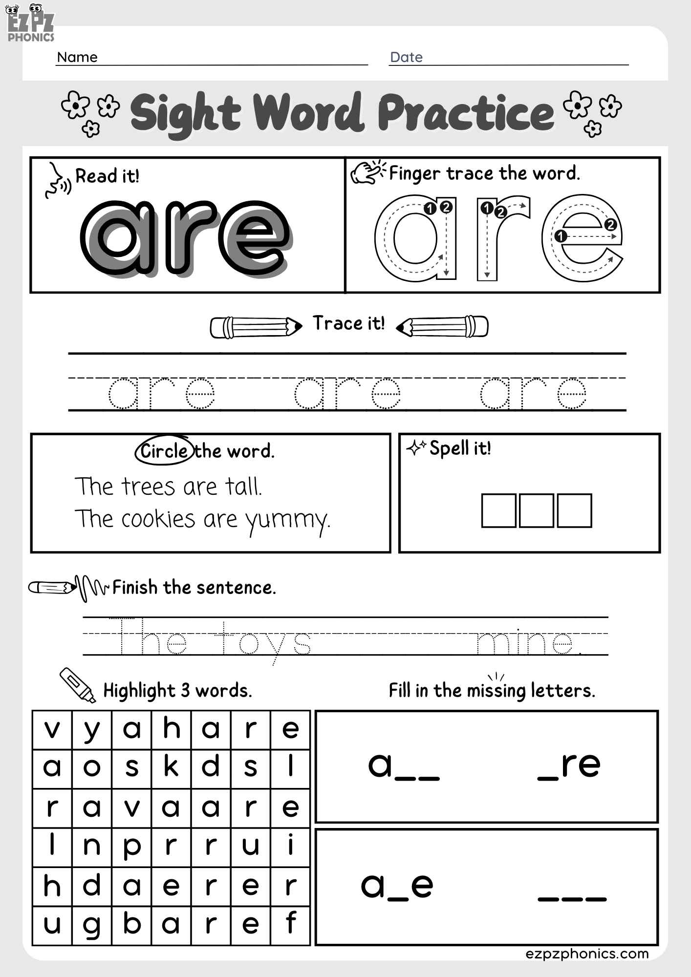 Dolch Kindergarten Sight Word “Are” – Downloadable PDF Worksheet